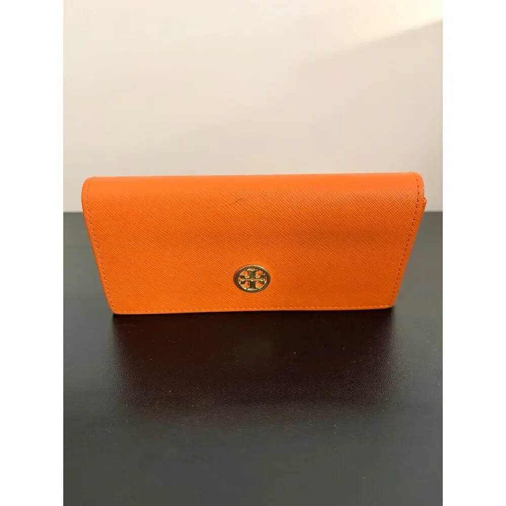 Tory Burch Orange Saffiano Leather Folding Eyeglass Sunglasses Case Gold Logo